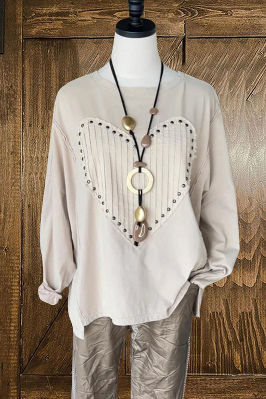 Cozy Solid Color Heart Long-Sleeved T-Shirt