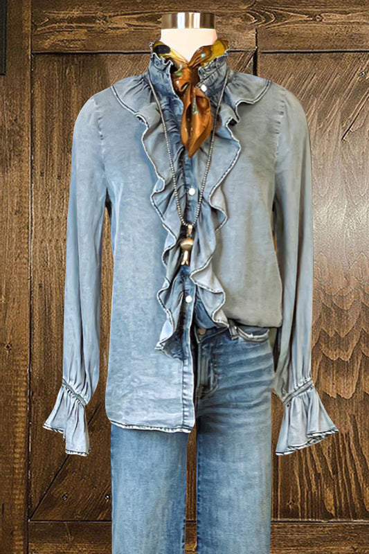 Chic Pleated Denim Puff Sleeve Blouse