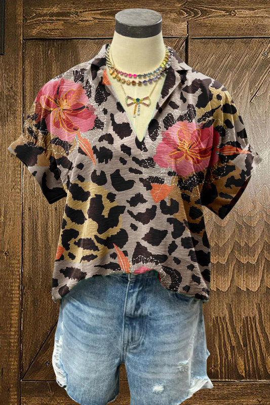 Cute Floral Leopard Puff Sleeve Blouse