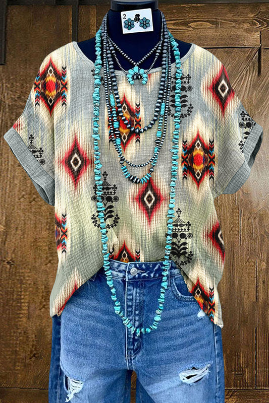 Western Aztec Ethnic Washed Dolman Sleeve T-shirt