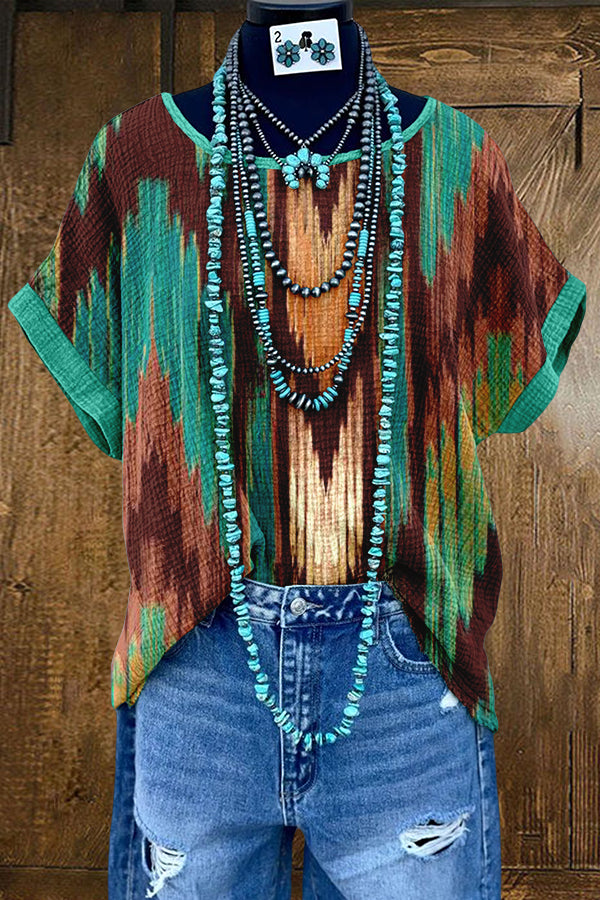 Chic Retro Western Aztec Washed Dolman Sleeve T-shirt