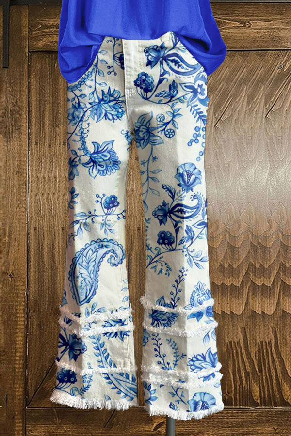 Cute Blue Floral Print Fringed Hem Pants