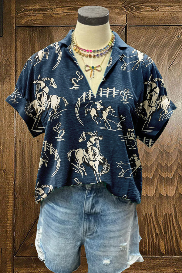 Retro Western Cowboy Print Puff Sleeve Blouse