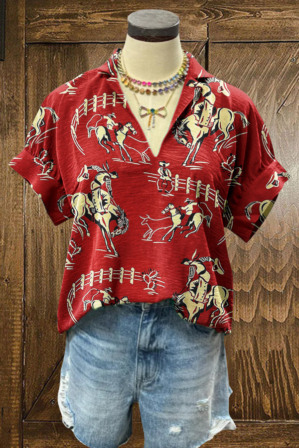 Retro Western Cowboy Print Puff Sleeve Blouse