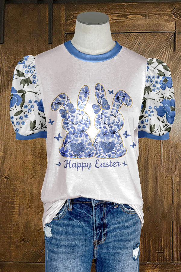 Cute Easter Bunny Print Puff Sleeve T-shirt