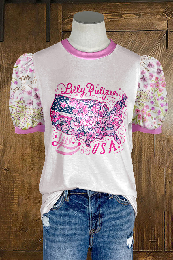 Cute USA Patriotic Day Print Puff Sleeve T-shirt