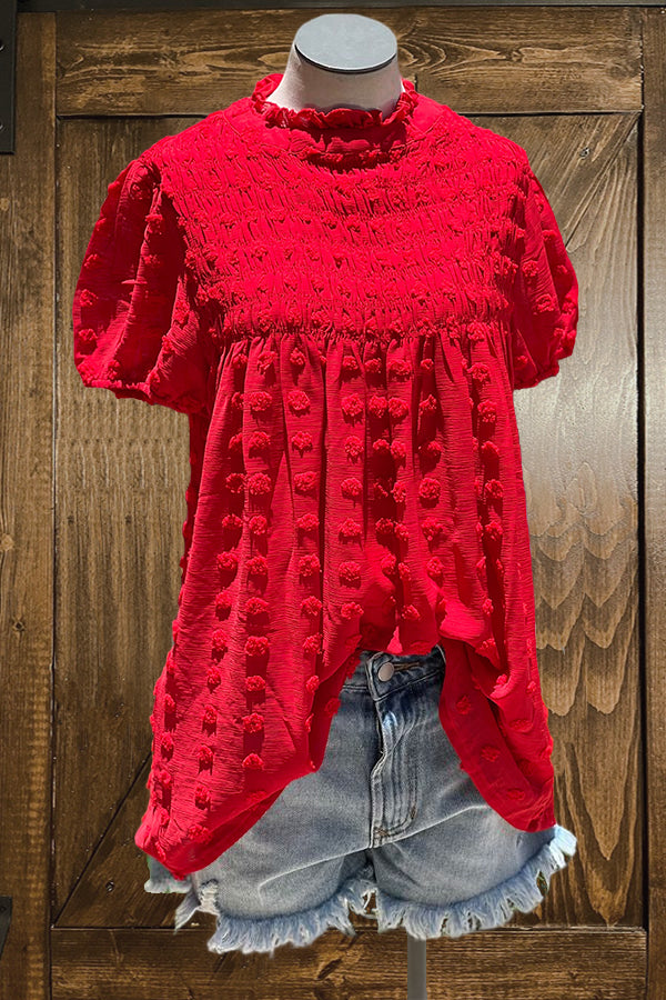 Smocked Swiss Polka Dot Frill Neck Top