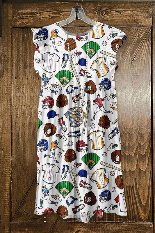 Pretty Baseball Game Print Ruffle Dress