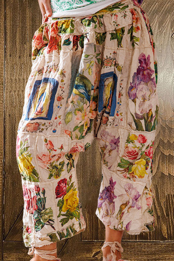 Pretty Floral Print Distressed Wide-Leg Trousers