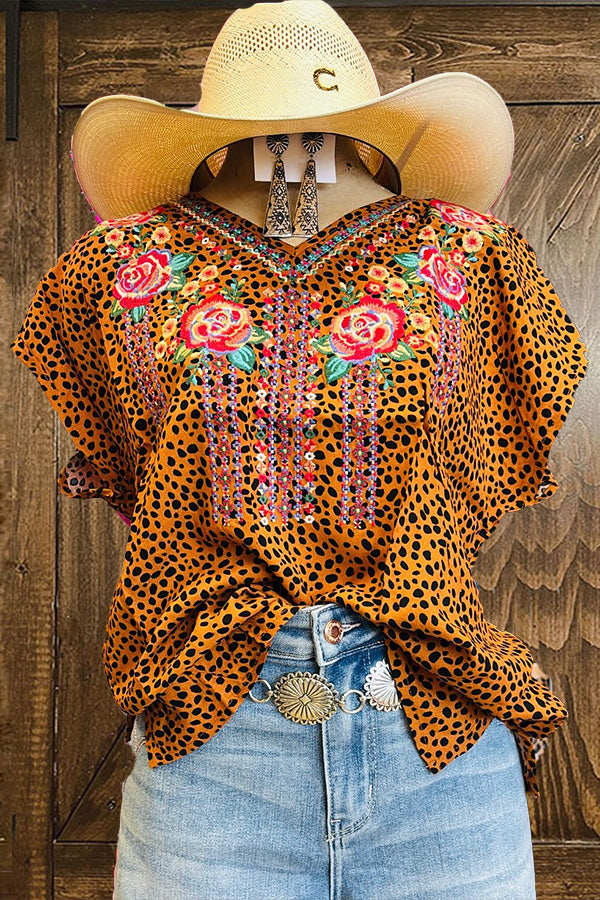 Pretty Floral Leopard Print Short Sleeve Shirt