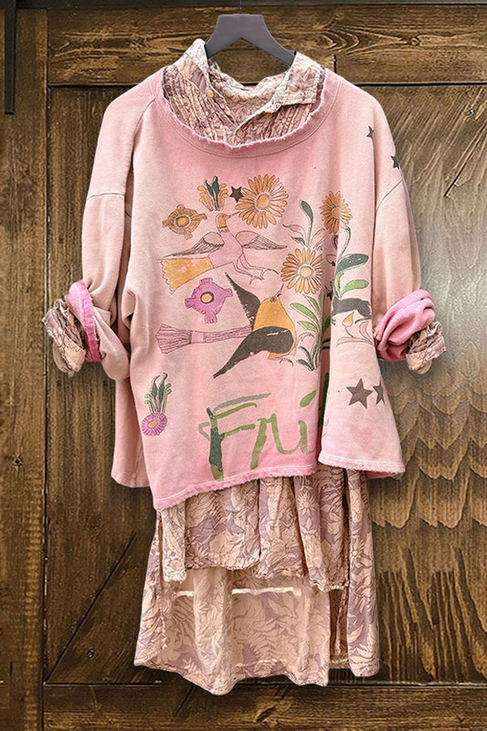 Retro Flower Bird Print Sweatshirt