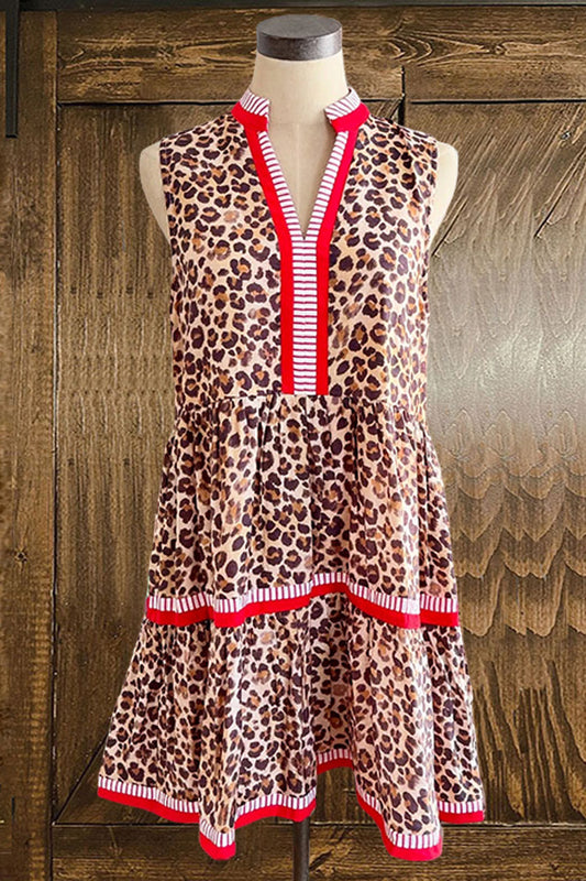 Contrast Leopard Print V-Neck Sleeveless Mini Dress