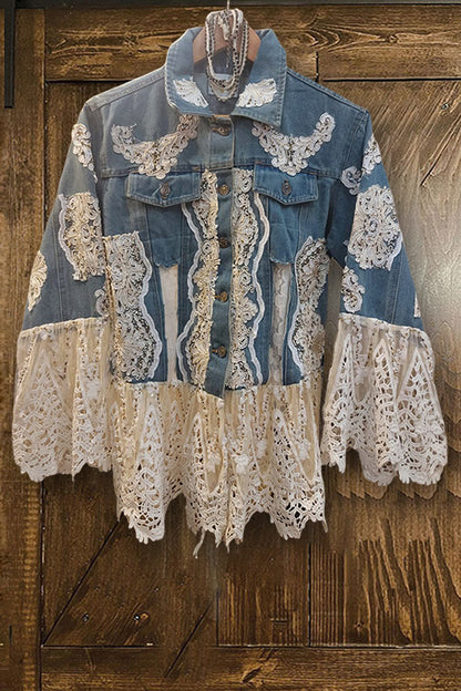 Boho Lace Panel Ruffle Denim Jacket