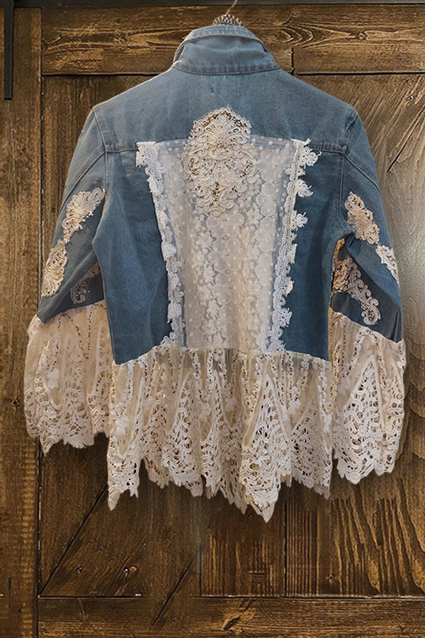 Boho Lace Panel Ruffle Denim Jacket