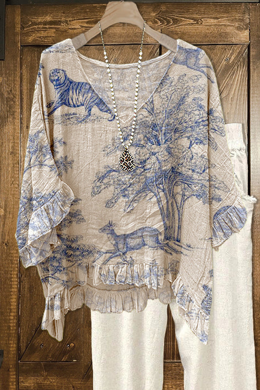 Elegant Contrast Graphic Print Blouse