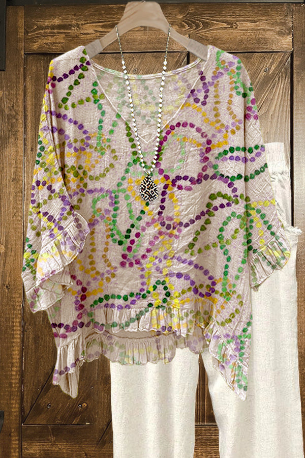 Elegant Contrast Mardi Gras Print Blouse