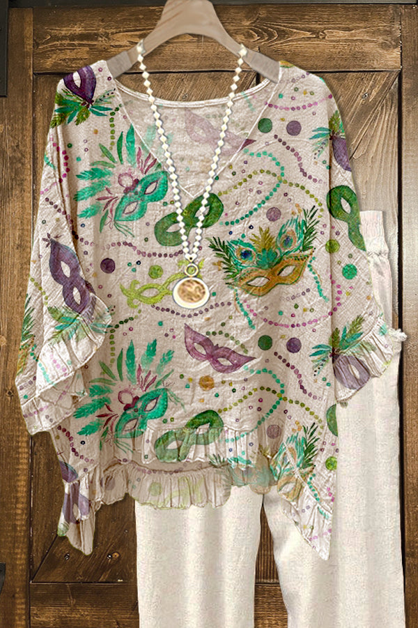 Elegant Contrast Mardi Gras Print Blouse