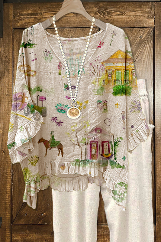 Elegant Contrast Mardi Gras Print Blouse