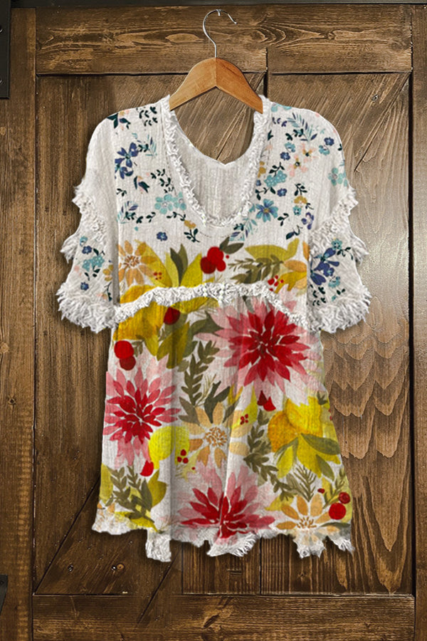 Casual Floral Print Frayed Top