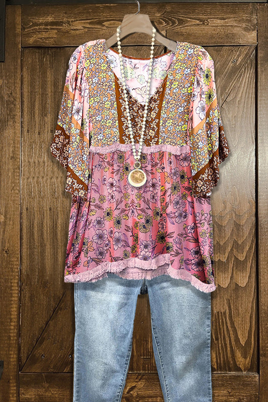 Loose Floral Print Frayed Top