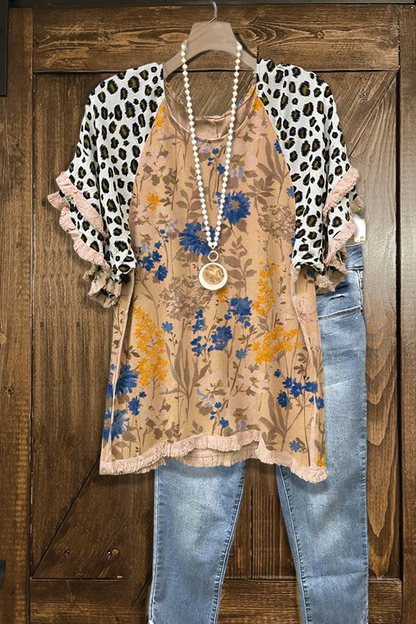 Leopard-panel Frayed Floral-print Top