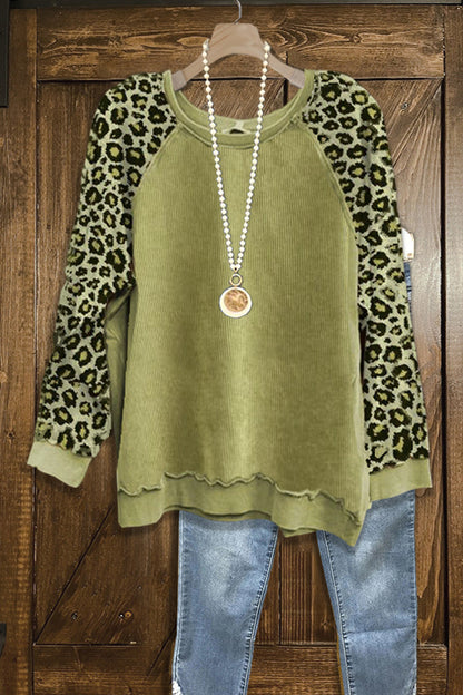 Vintage Leopard Sleeve Patchwork Textured Sweatshirt