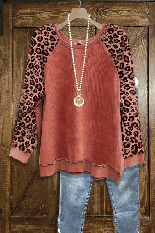 Vintage Leopard Sleeve Patchwork Textured Sweatshirt