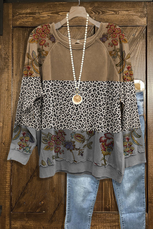 Casual Floral Print Panelled Leopard Sweatshirt