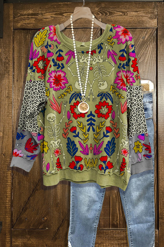 Casual Floral Print Paneled Leopard Sweatshirt