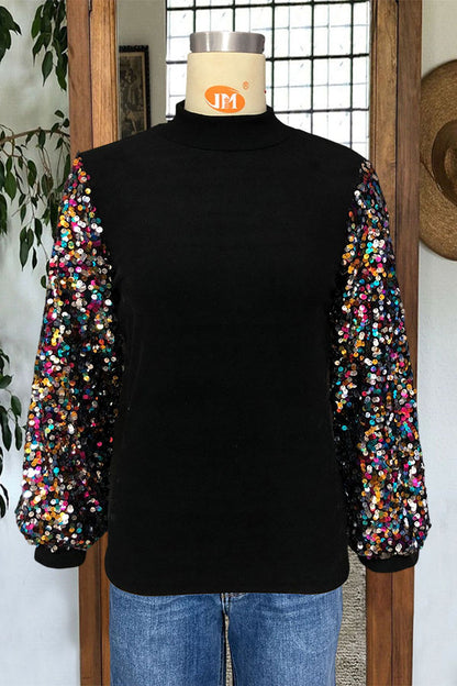 Stylish Sequin Balloon Long Sleeve Mock Neck Pullover Sweatshirt