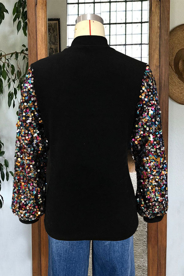 Stylish Sequin Balloon Long Sleeve Mock Neck Pullover Sweatshirt