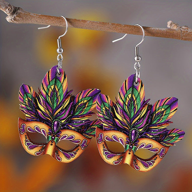 Mardi Gras Mask Hollow Wood Earrings