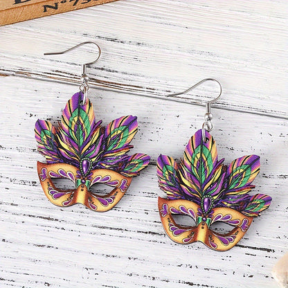 Mardi Gras Mask Hollow Wood Earrings