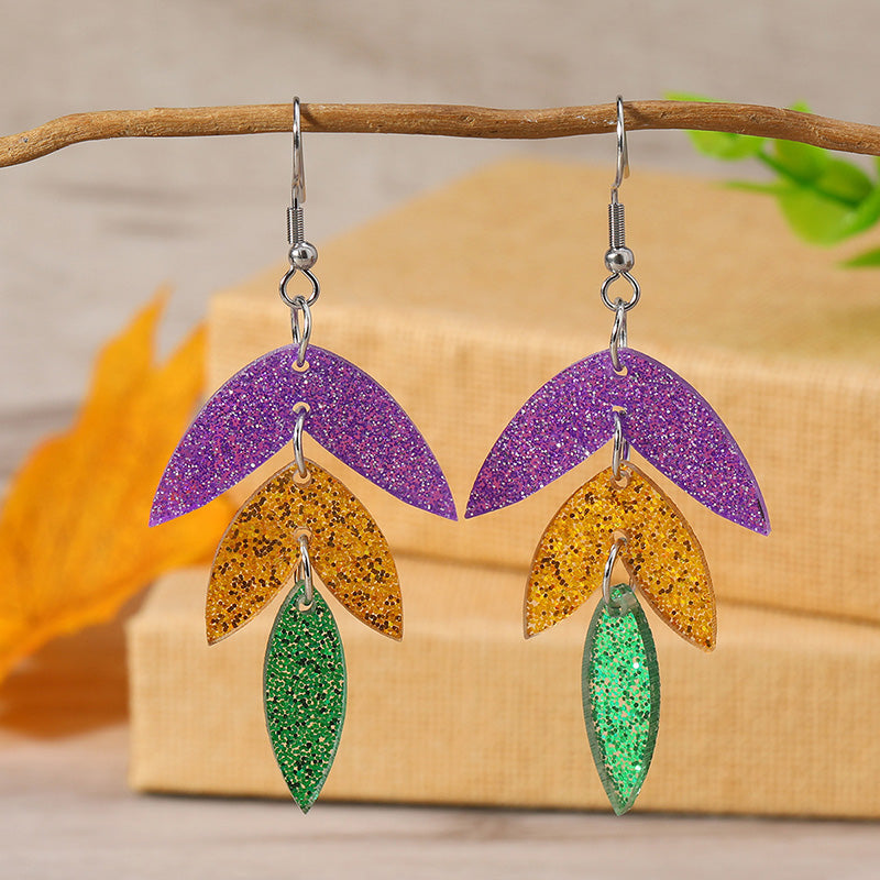 Sparkling Mardi Gras Leaf Earrings