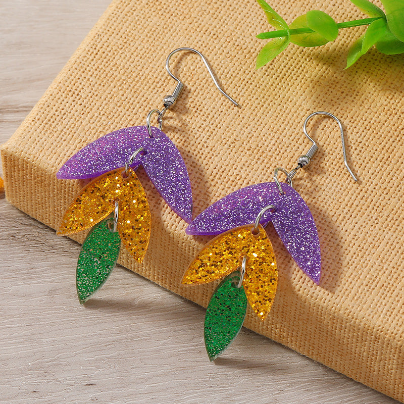 Sparkling Mardi Gras Leaf Earrings