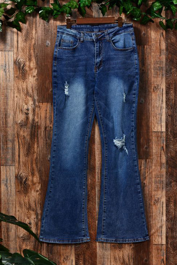 Washed Distressed Flared Jeans