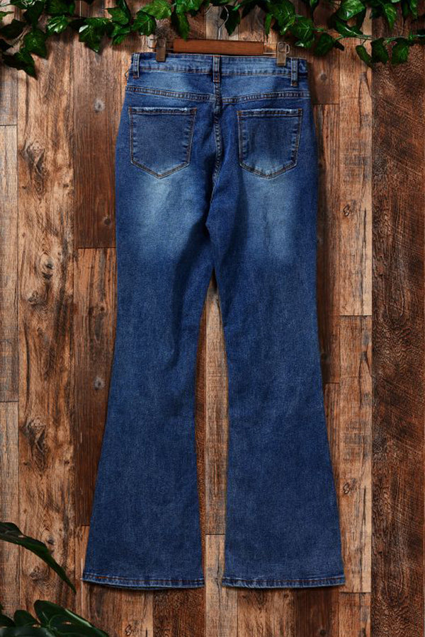 Washed Distressed Flared Jeans