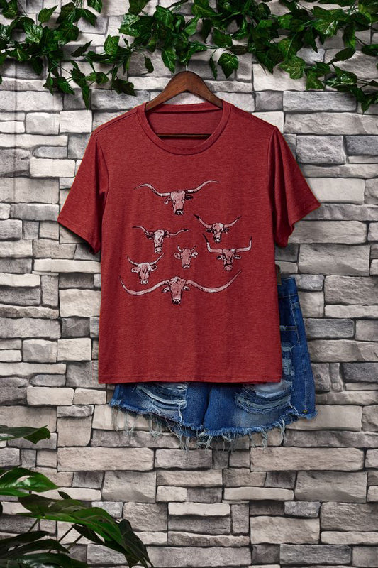 Round Neck Longhorn Design T-shirt