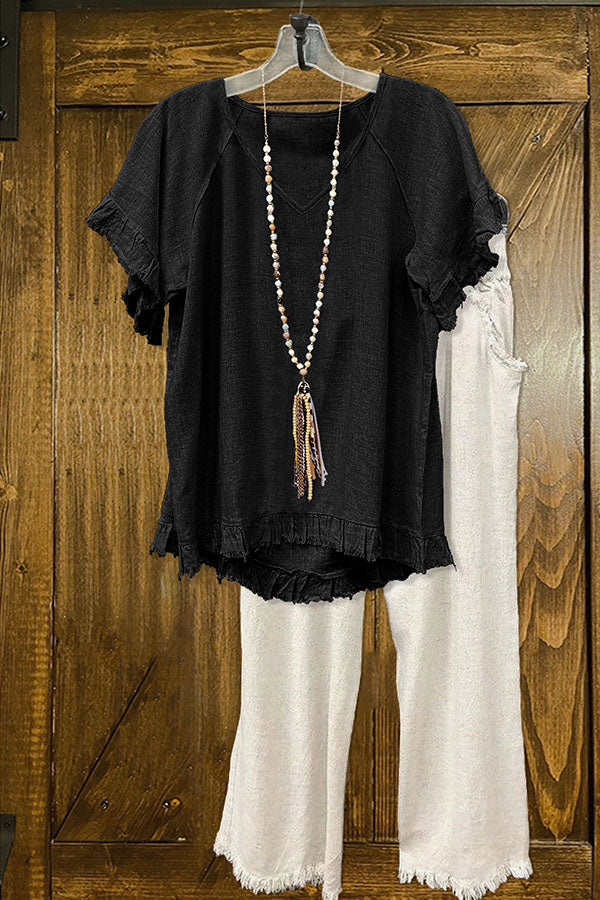 Cotton Blend Ruffled Frayed V-neck T-shirt