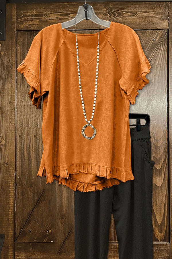 Cotton Blend Ruffled Frayed V-neck T-shirt