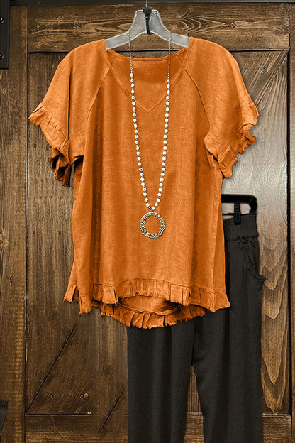 Cotton Blend Ruffled Frayed V-neck T-shirt