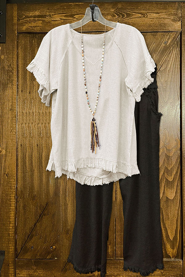 Cotton Blend Ruffled Frayed V-neck T-shirt