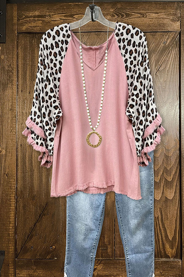 Leopard Print Paneled Cotton Blend Frayed Top