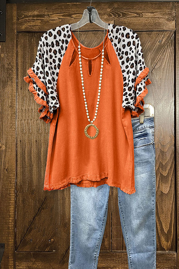 Leopard Print Paneled Frayed Cutout Collar Top