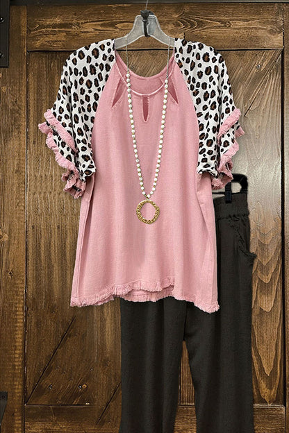 Leopard Print Paneled Frayed Cutout Collar Top