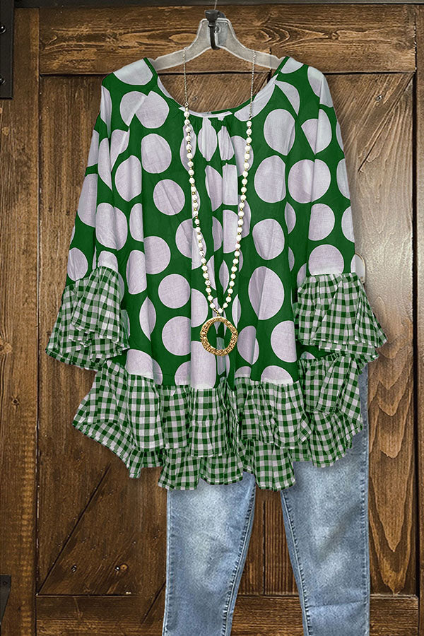 Polka Dot Paneled Plaid Ruffle Loose Top