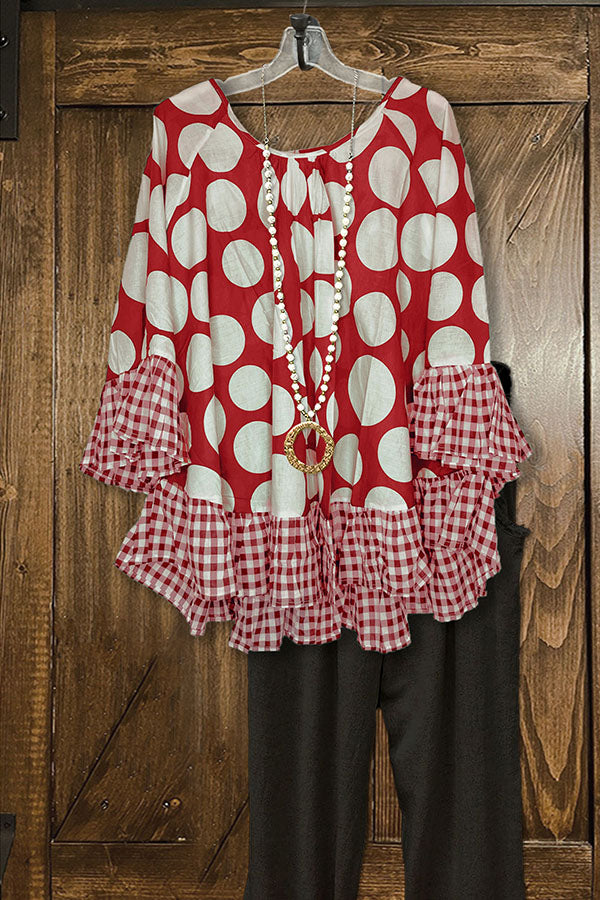 Polka Dot Paneled Plaid Ruffle Loose Top