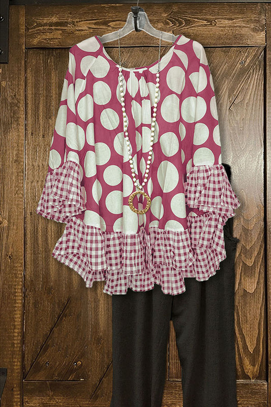 Polka Dot Paneled Plaid Ruffle Loose Top