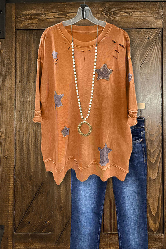 Casual Ripped Splicing Stars Top