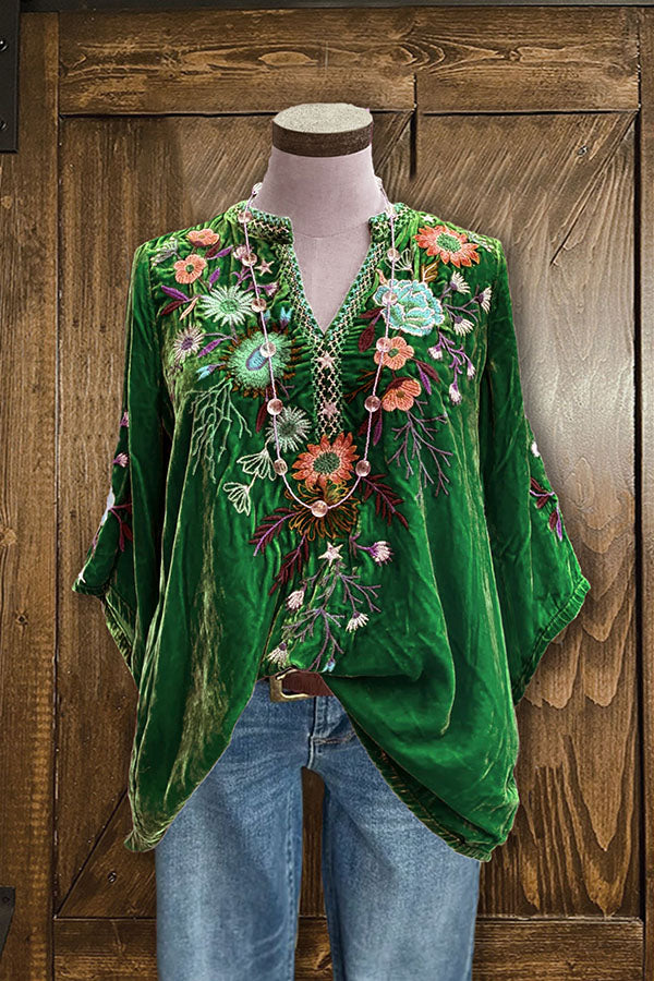 Velvet Floral Embroidered Loose Top